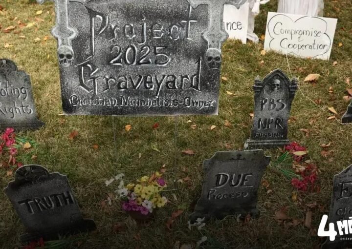 Decorações de Halloween em Washington criticam cortes e políticas de Trump
