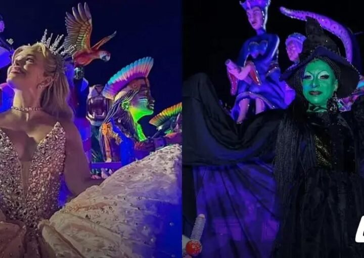 Fabi Bang e Silvetty Montilla desfilam como Glinda e Elphaba no Anhembi