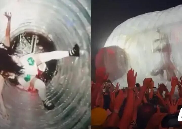 Katy Perry estreia shows de festivais com garrafa gigante e mergulho na plateia