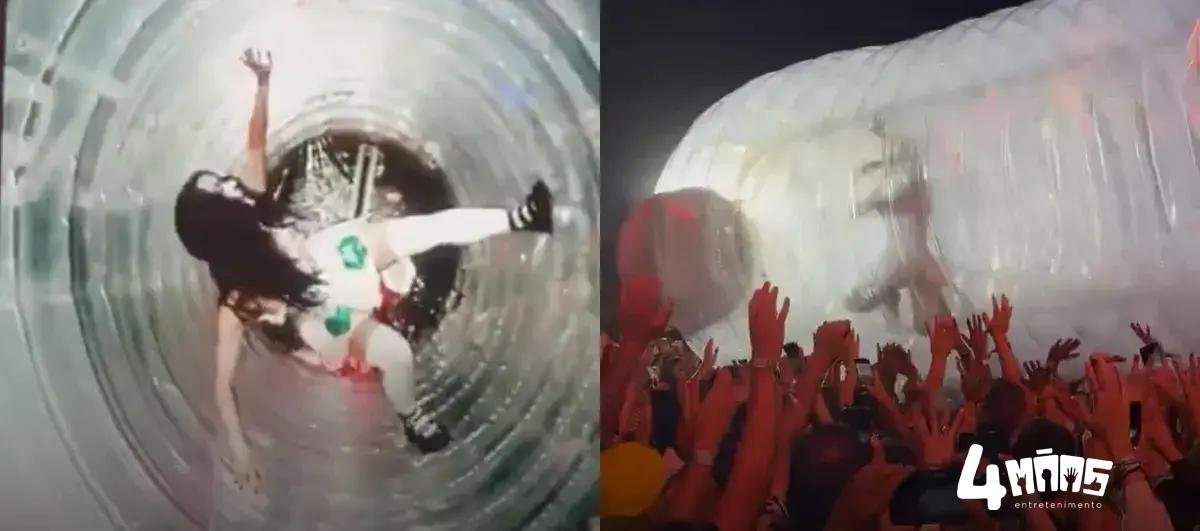 Katy Perry estreia shows de festivais com garrafa gigante e mergulho na plateia